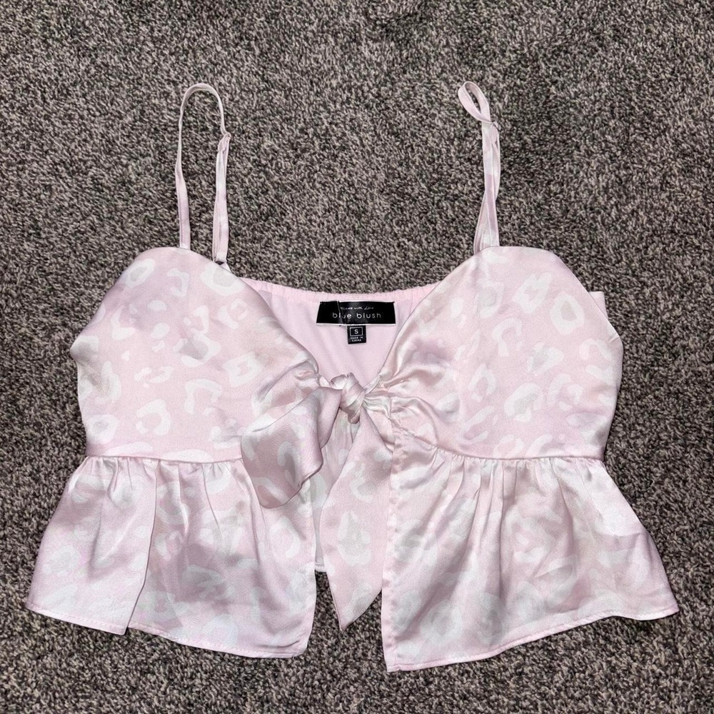 Blue Blush pink satin top with white leopard print, size S